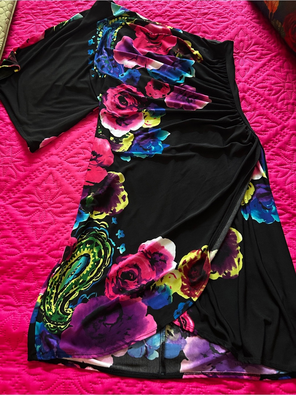 Bisou Bisou Black One-Shoulder Floral Dress with Pink, Purple and Blue Accents